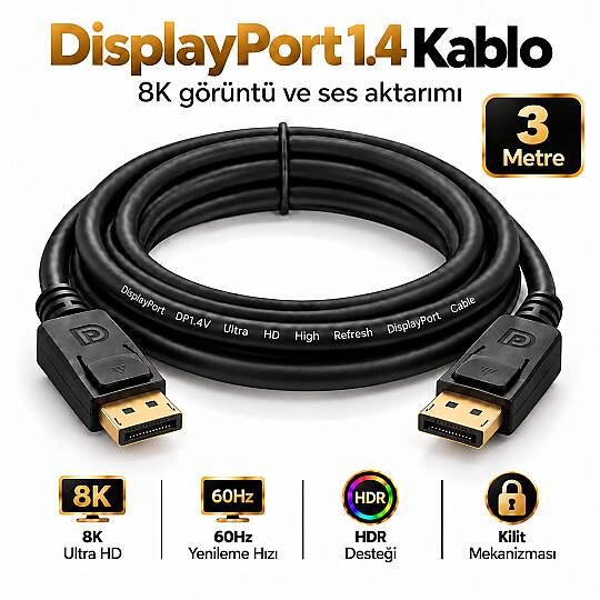 Molix MX-2563 DisplayPort v1.4 3 Metre 8K 60Hz / 1080p 300Hz Altın Uçlu DP Kablo