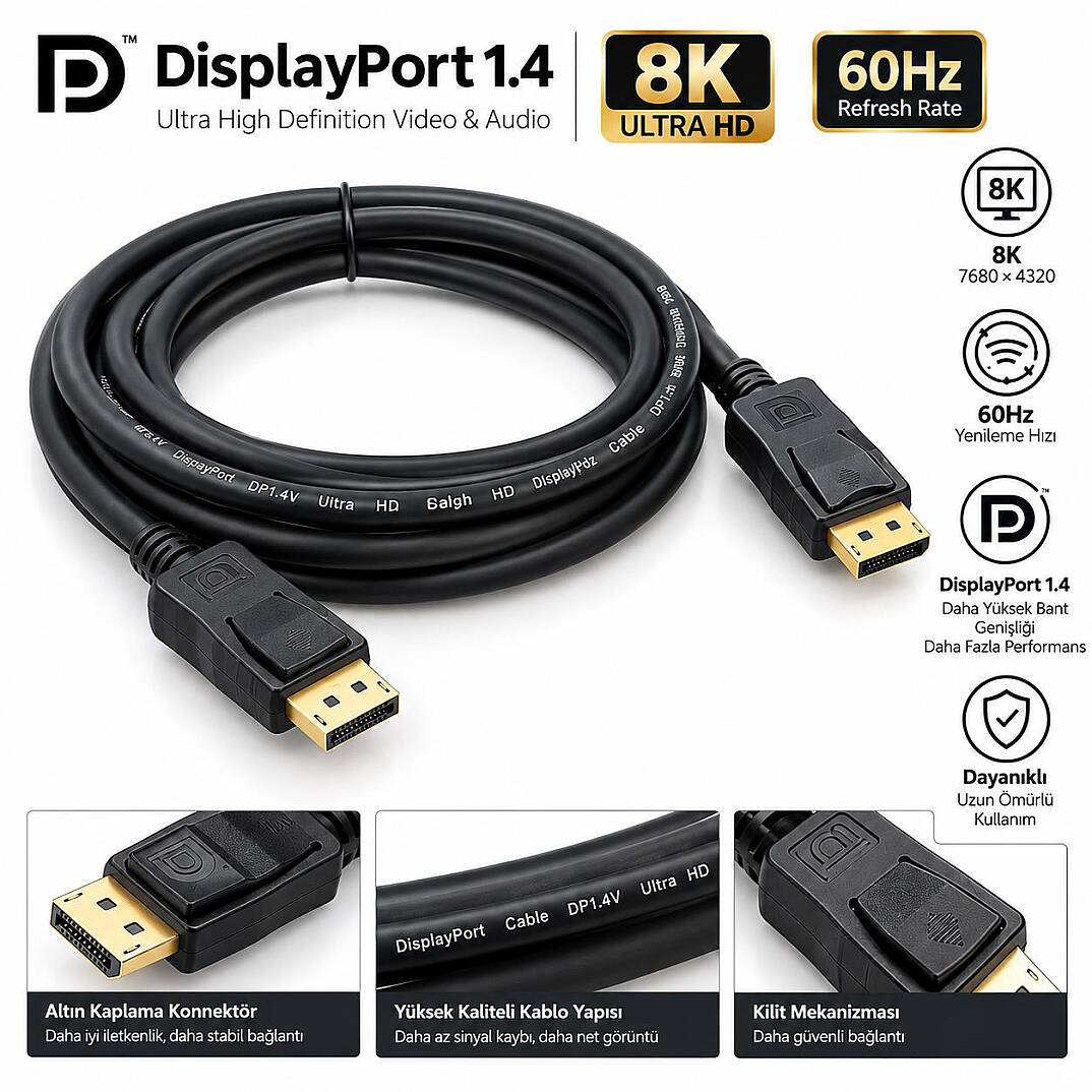 Molix MX-2563 DisplayPort v1.4 3 Metre 8K 60Hz / 1080p 300Hz Altın Uçlu DP Kablo - 5