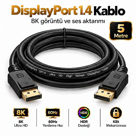 Molix MX-2565 DisplayPort v1.4 5 Metre 8K 60Hz / 1080p 300Hz Altın Uçlu DP Kablo